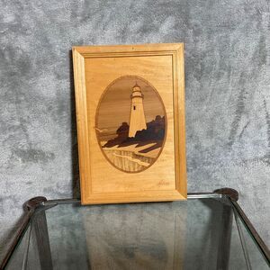 Hudson River Framed Wood Inlay Marquetry Lighthouse Picture Jeff Nelson artwork